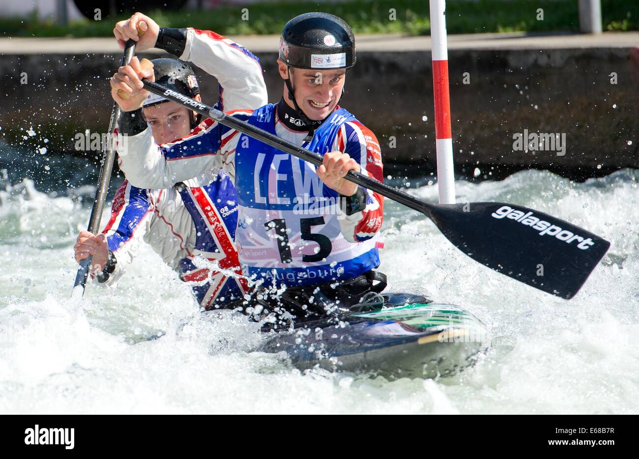 Augsburg, Germany. 17th Aug, 2014. Adam Burgess and Greg Pitt from Great Britain compete in the men's double Canadian canoe slalom World Cup Final in Augsburg, Germany, 17 August 2014. Photo: Sven Hoppe/dpa/Alamy Live News Stock Photo