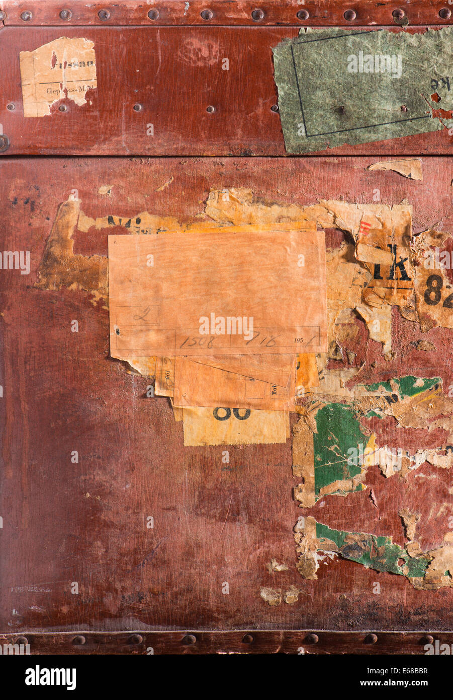 Close up of old brown leather bag that has traveled a lot. Stock Photo