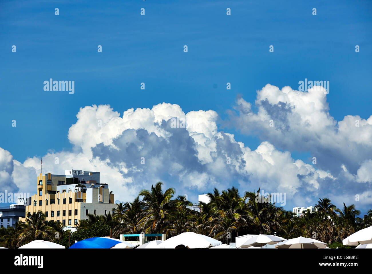 Blue clouds and dramatic white clouds on South Beach on Ocean Drive, Miami in Florida USA Stock Photo
