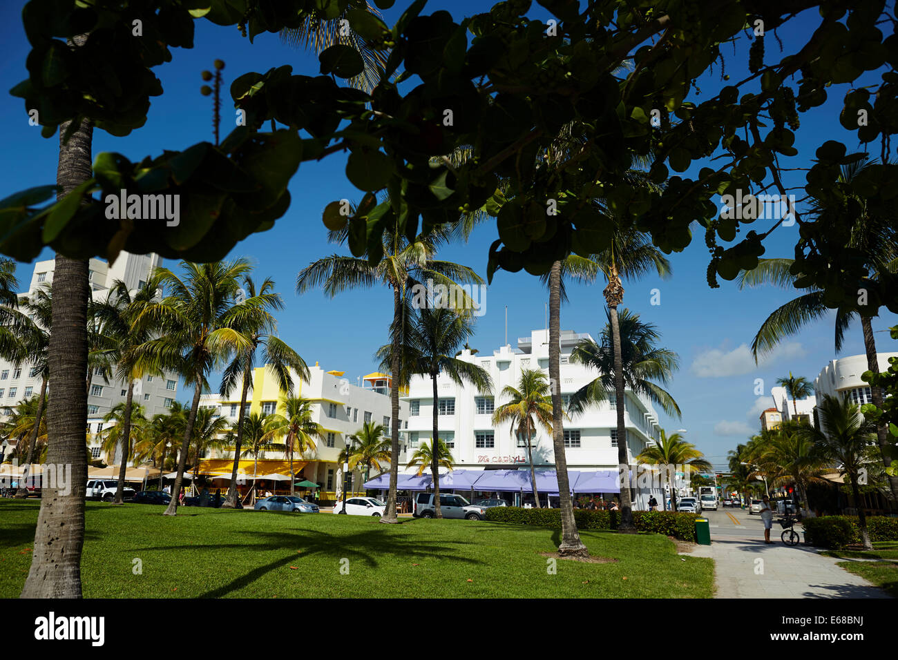 Ocean Drive South Beach Miami in Florida USA,  art deco shops restaurants and hotels along the sea front road Stock Photo