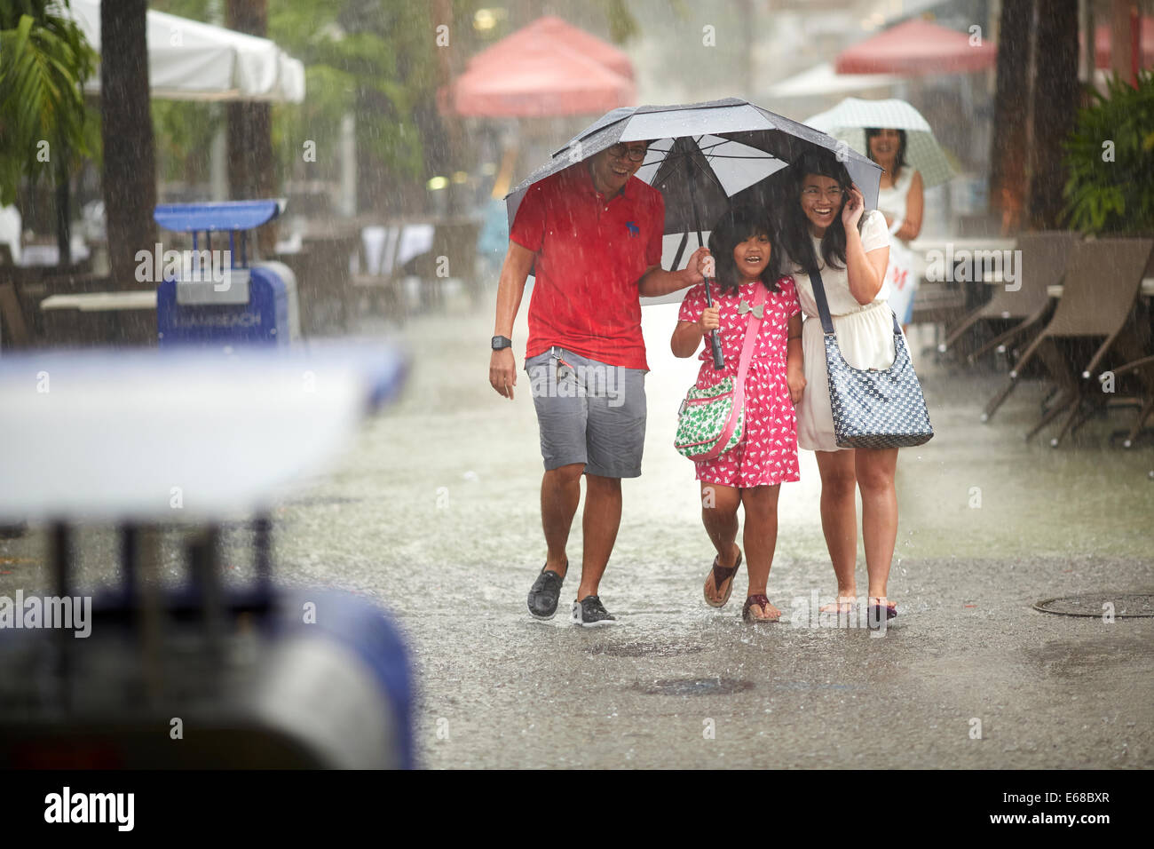 Family shelter from tropical rain storm under a umbrella on the streets