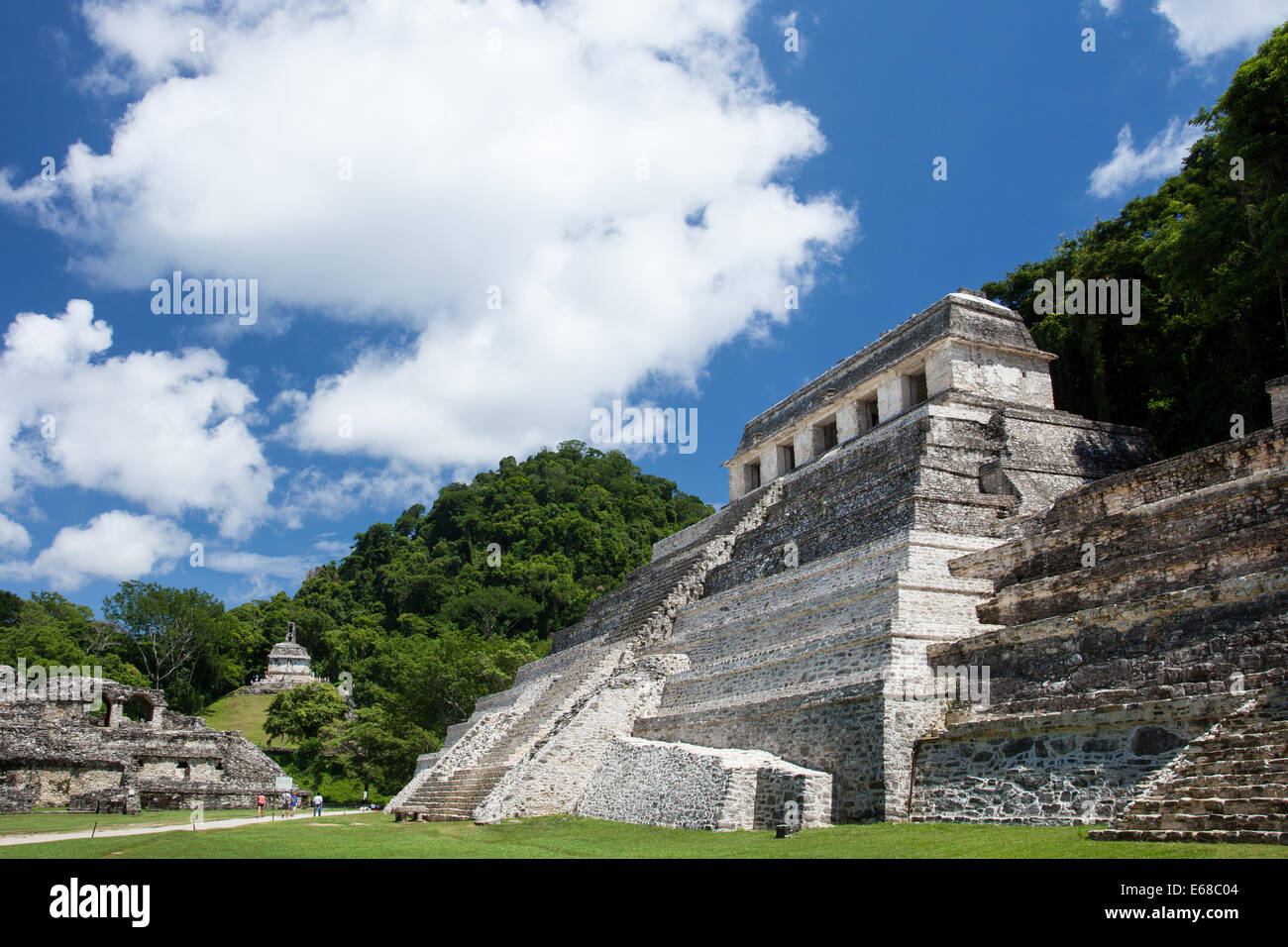 Temple of the Inscriptions with Temple of the Cross in the background at the Mayan ruins of Palenque, Chiapas, Mexico. Stock Photo