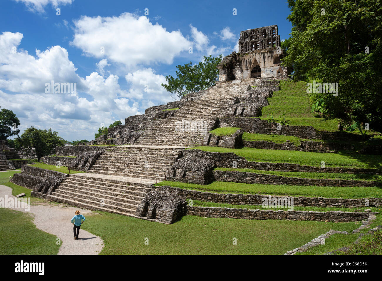 Steps lead up to the Temple of the Cross at the Mayan ruins of Palenque, Chiapas, Mexico. Stock Photo
