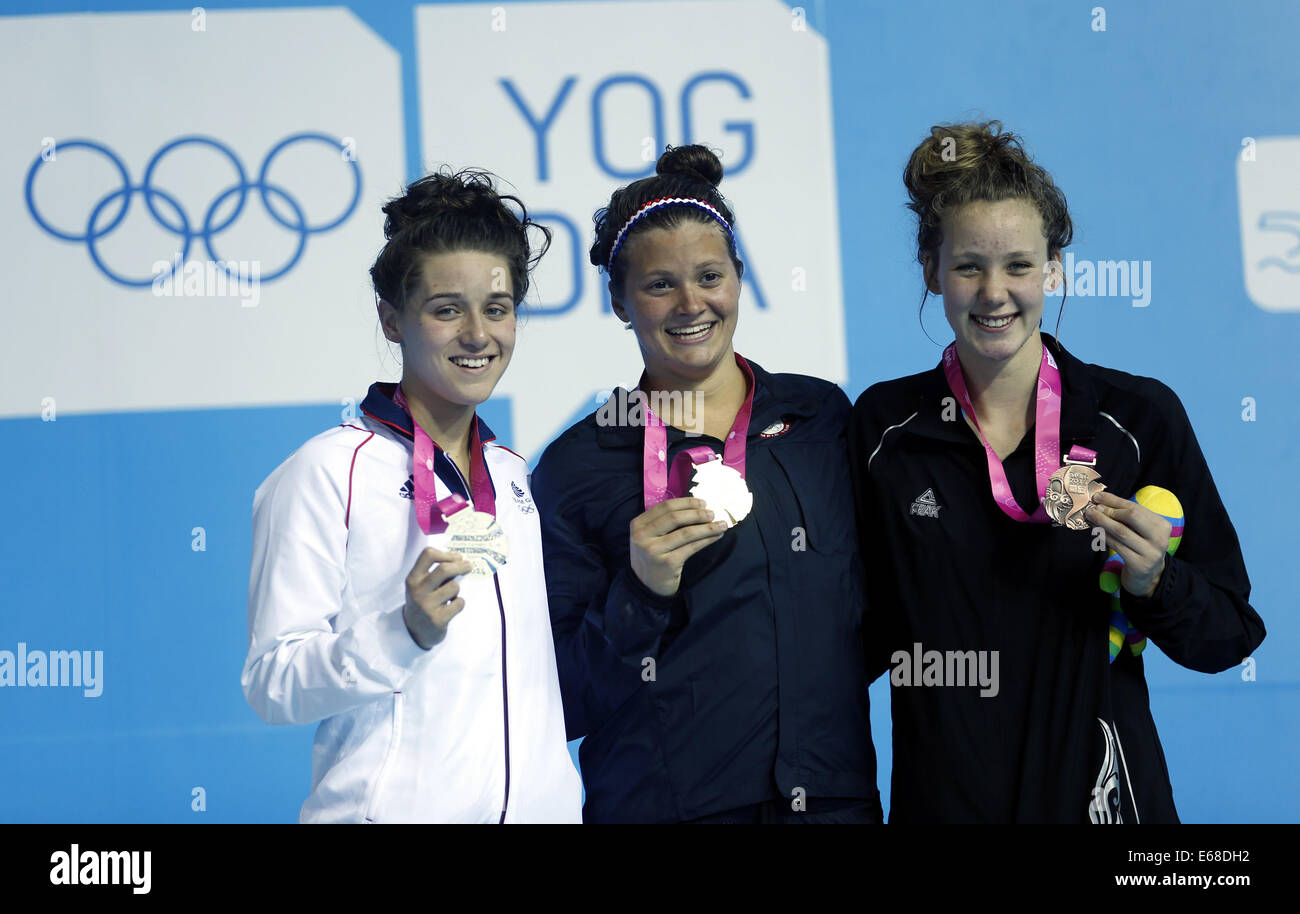 Nanjing, China's Jiangsu Province. 18th Aug, 2014. Jessica Fullalove(L)of Great Britain, Clara Smiddy(C)of United States of American and Bobbi Gichard(R)of New Zealand pose on the podium during the Women's 100m Backstroke match at Nanjing 2014 Youth Olympic Games in Nanjing, capital of east China's Jiangsu Province, on Aug. 18, 2014.Clara Smiddy of United States of American won the gold medal. Credit:  Fei Maohua/Xinhua/Alamy Live News Stock Photo