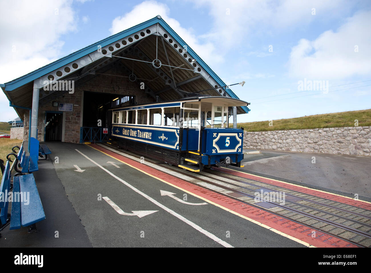 Great Orme tramcar number 5 without passengers awaiting its return journey from the halfway house to the Victoria station Stock Photo