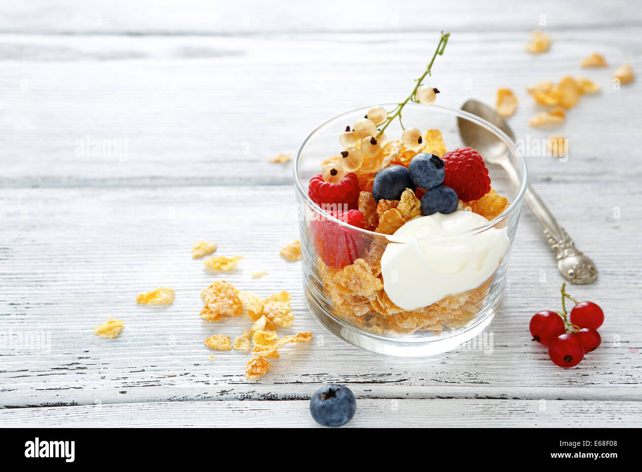 flakes with yogurt and berries food closeup Stock Photo