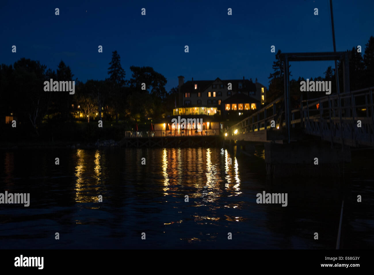 Southwest Harbor, ME - 8 August 2014. Claremont Hotel, Southwest Harbor, seen from the hotel dock at night Stock Photo