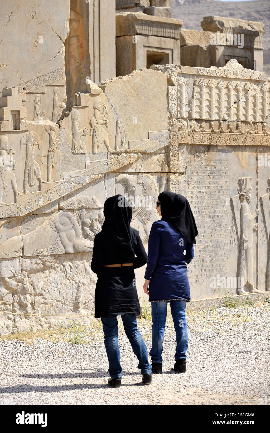 iranian Tourists are visiting ancient Persepolis archeological site  in Persepolis, Iran. Stock Photo