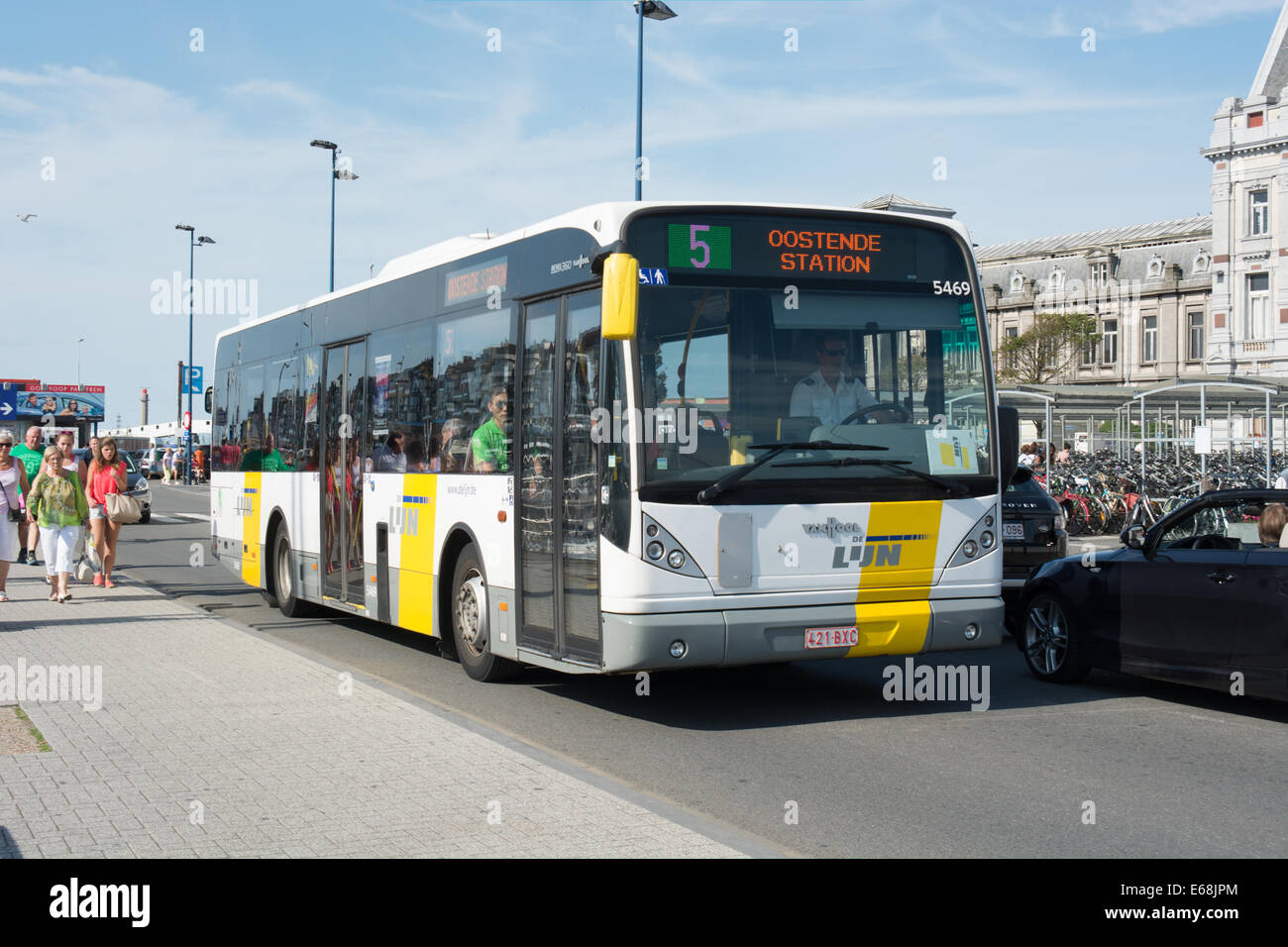 A Van Hool New A360 low flow bus operated by De Lijn reaches the end of its route at Ostend station Stock Photo