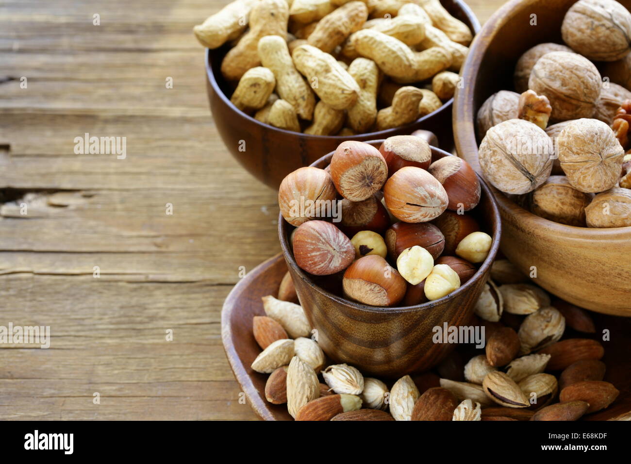 different kinds of nuts (almonds, walnuts, hazelnuts, peanuts) in a