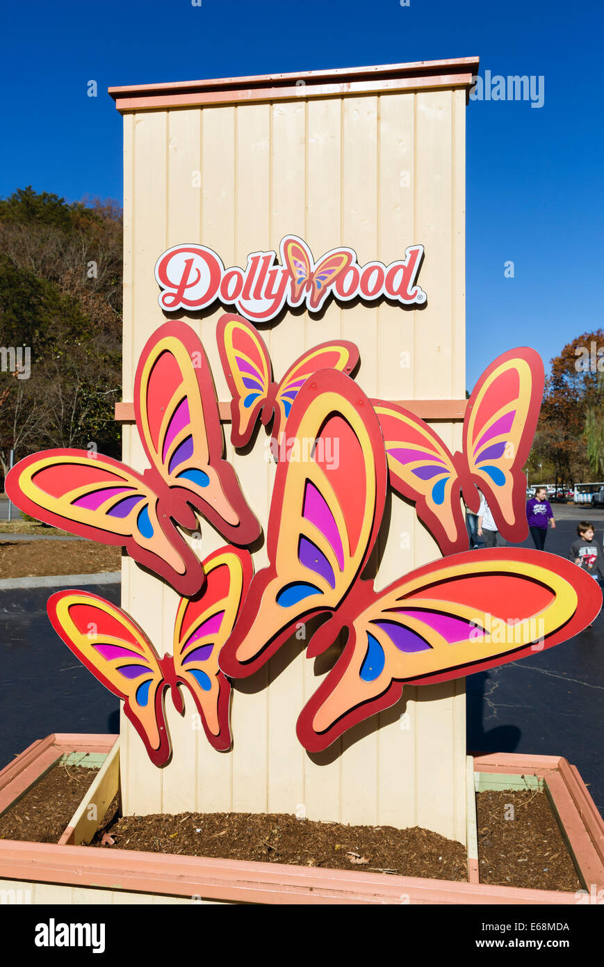 Sign at the entrance to Dollywood theme park, Pigeon Forge, Tennessee, USA Stock Photo