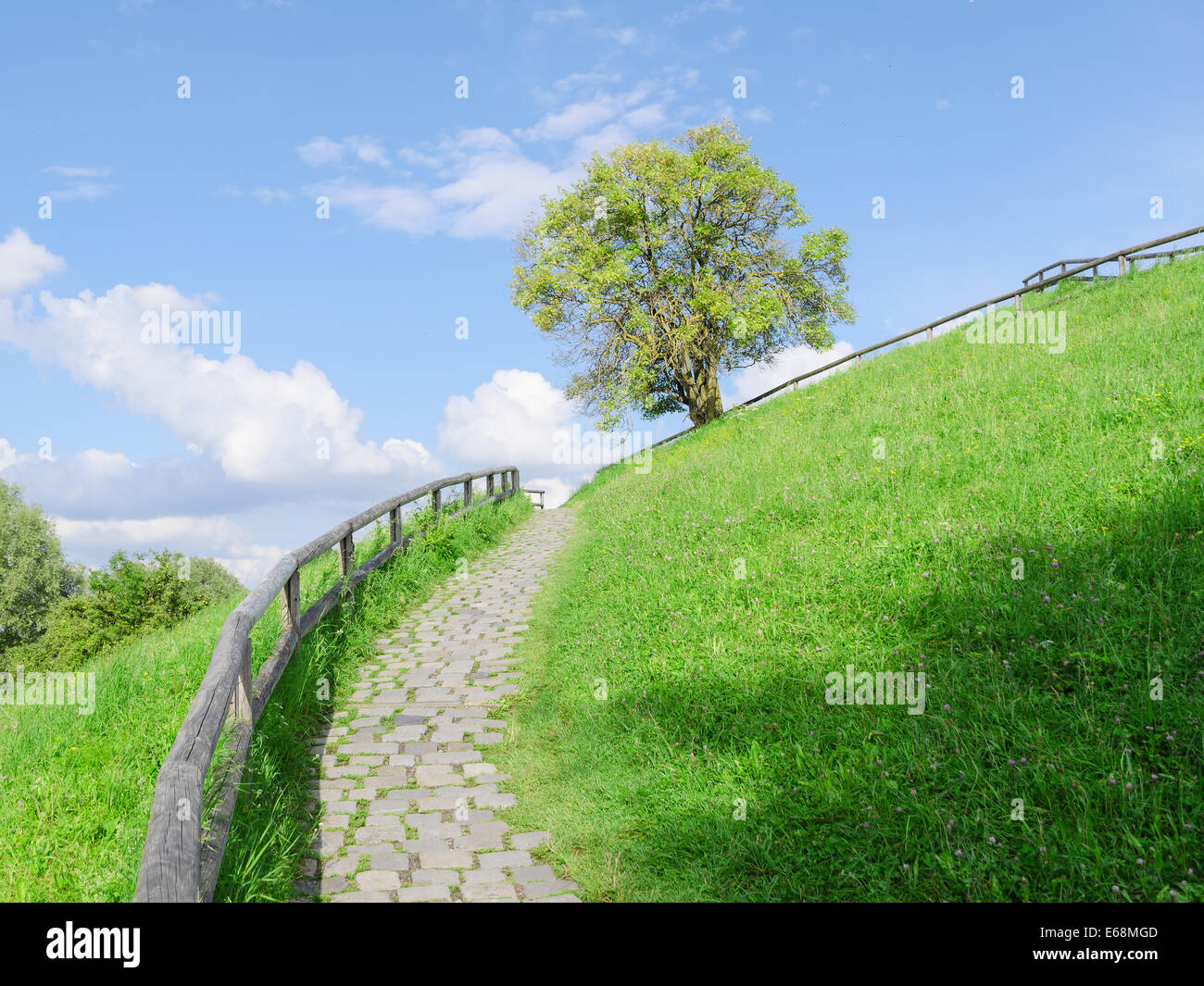 Difficult cobble stones path upward in direction to the top of green hill Stock Photo