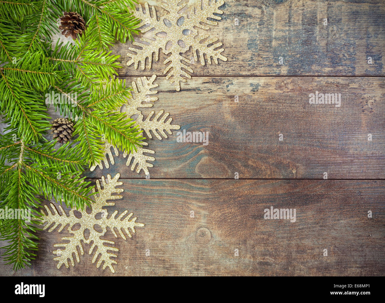 Christmas background, decoration on a rustic wooden board. Stock Photo
