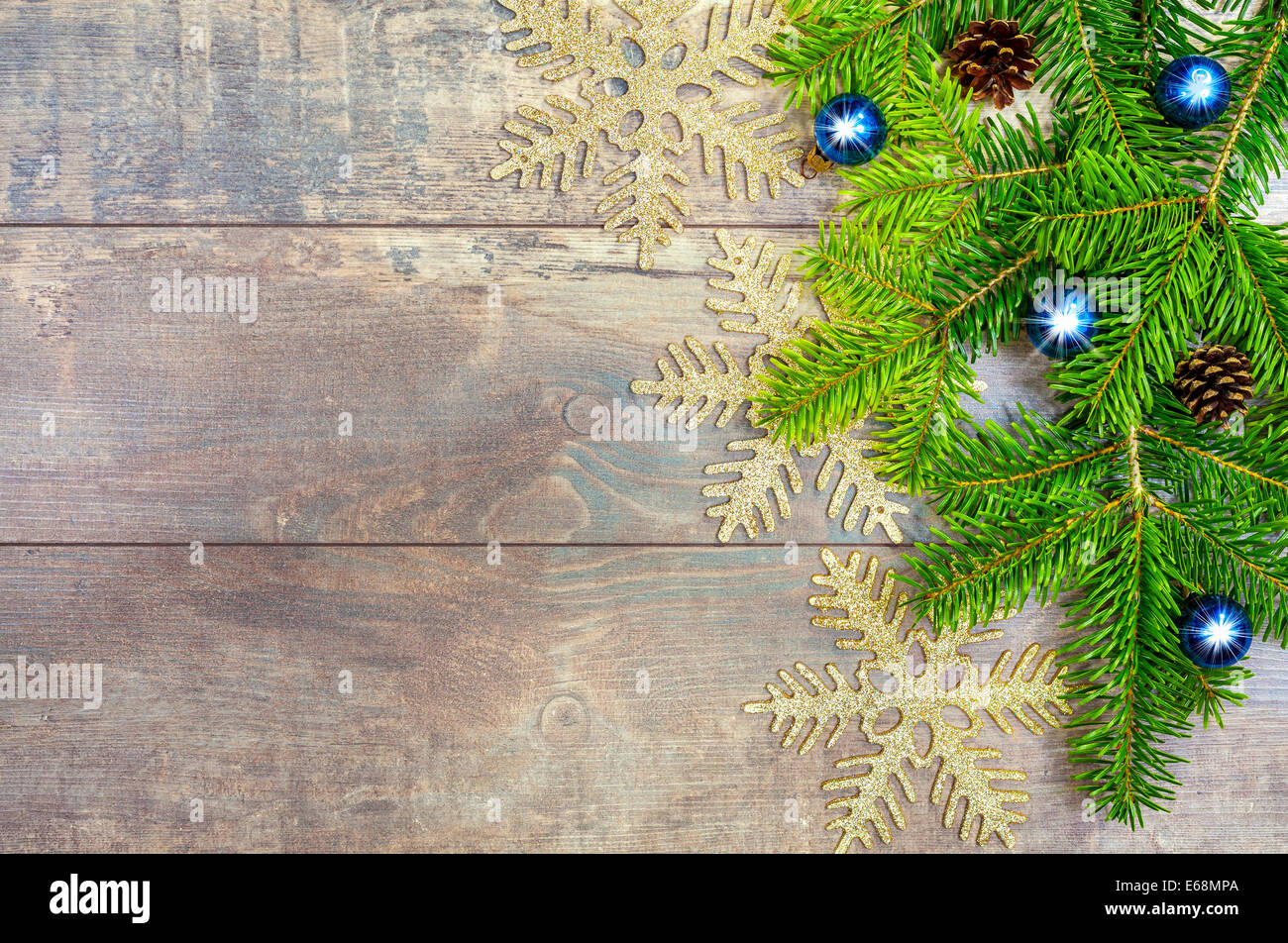 Christmas background, decoration on a rustic wooden board. Stock Photo