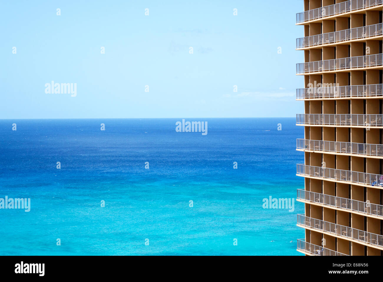 Honolulu Hawaii,Oahu,Hawaiian,Waikiki Beach,resort,Pacific Ocean,Pacific Beach,hotel,hotel,hotels,high rise,building,balconies,sky,blue,USA,US,United, Stock Photo