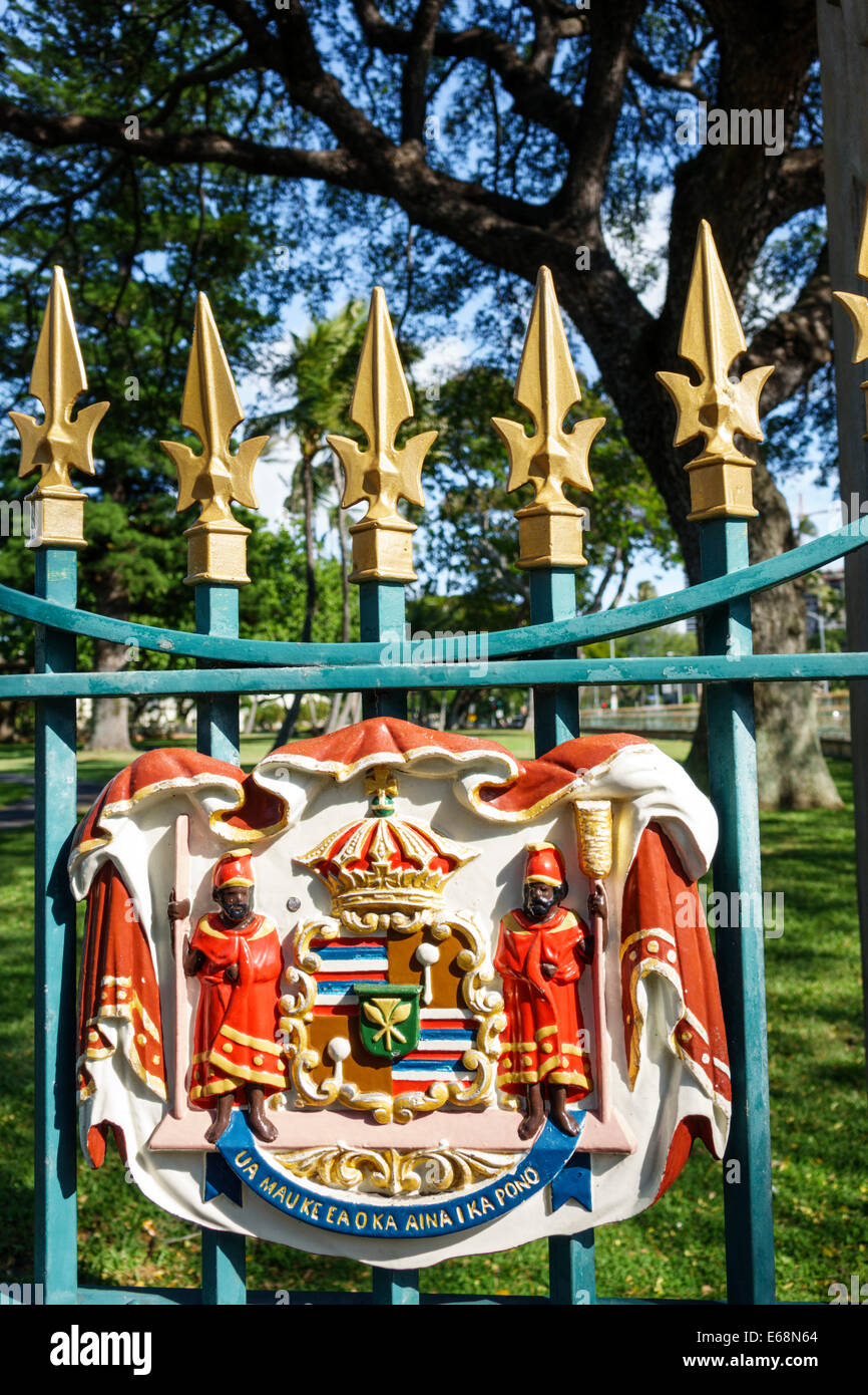 Honolulu Hawaii,Oahu,Hawaiian,Iolani Palace,Coat of Arms Kingdom of Hawaii,USA,US,United,States,America Polynesia,HI140324045 Stock Photo