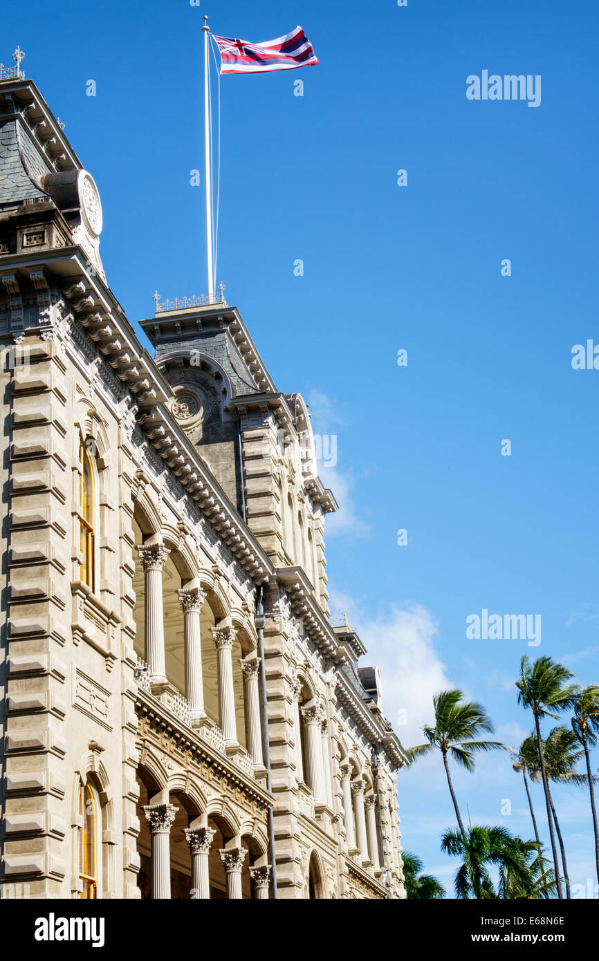 Honolulu Hawaii,Oahu,Hawaiian,Iolani Palace,royal residence,exterior,state flag,USA,US,United,States,America Polynesia,HI140324052 Stock Photo