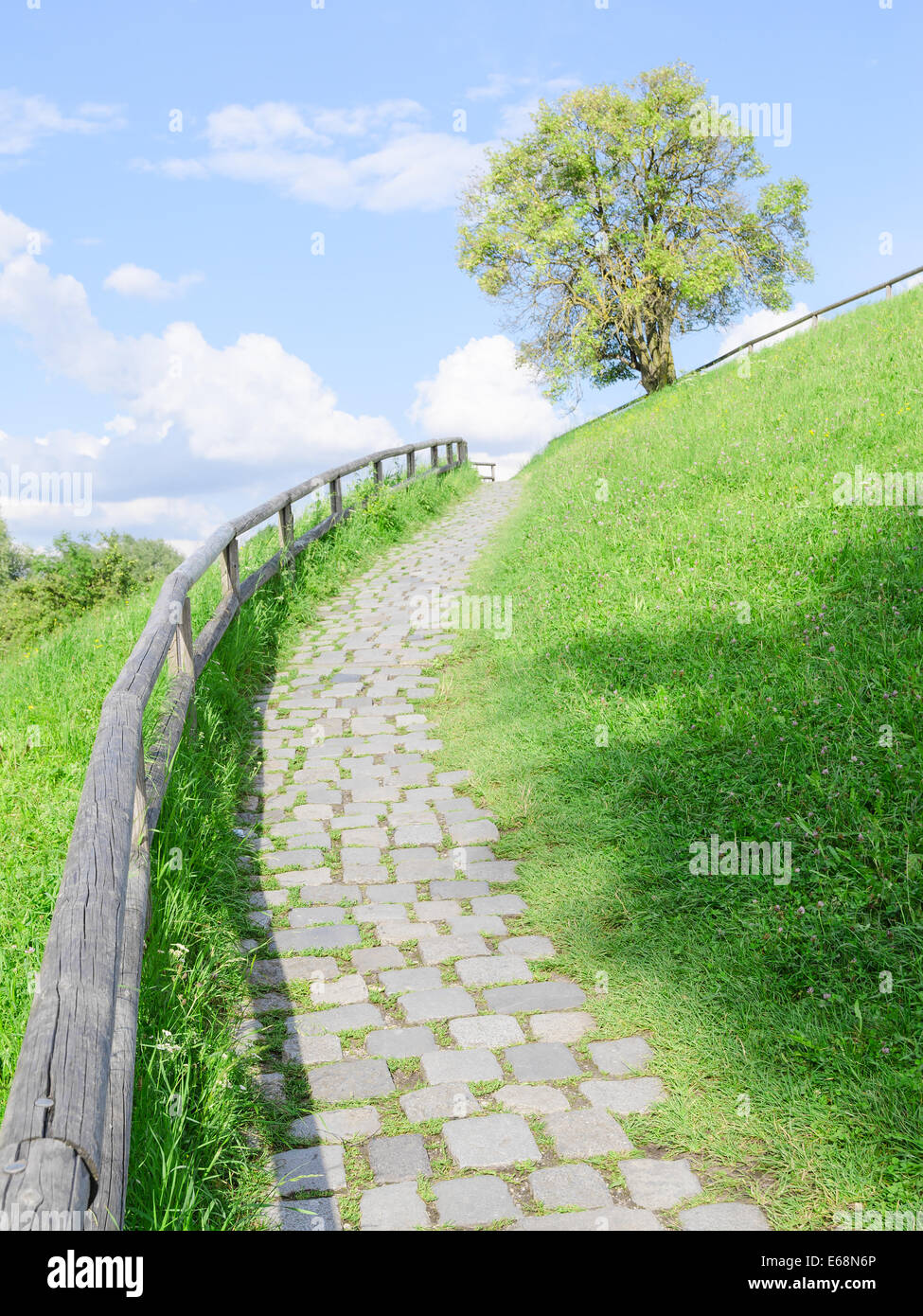 Long and difficult upstairs road, paved with cobble stones, on top of a green summer hill Stock Photo