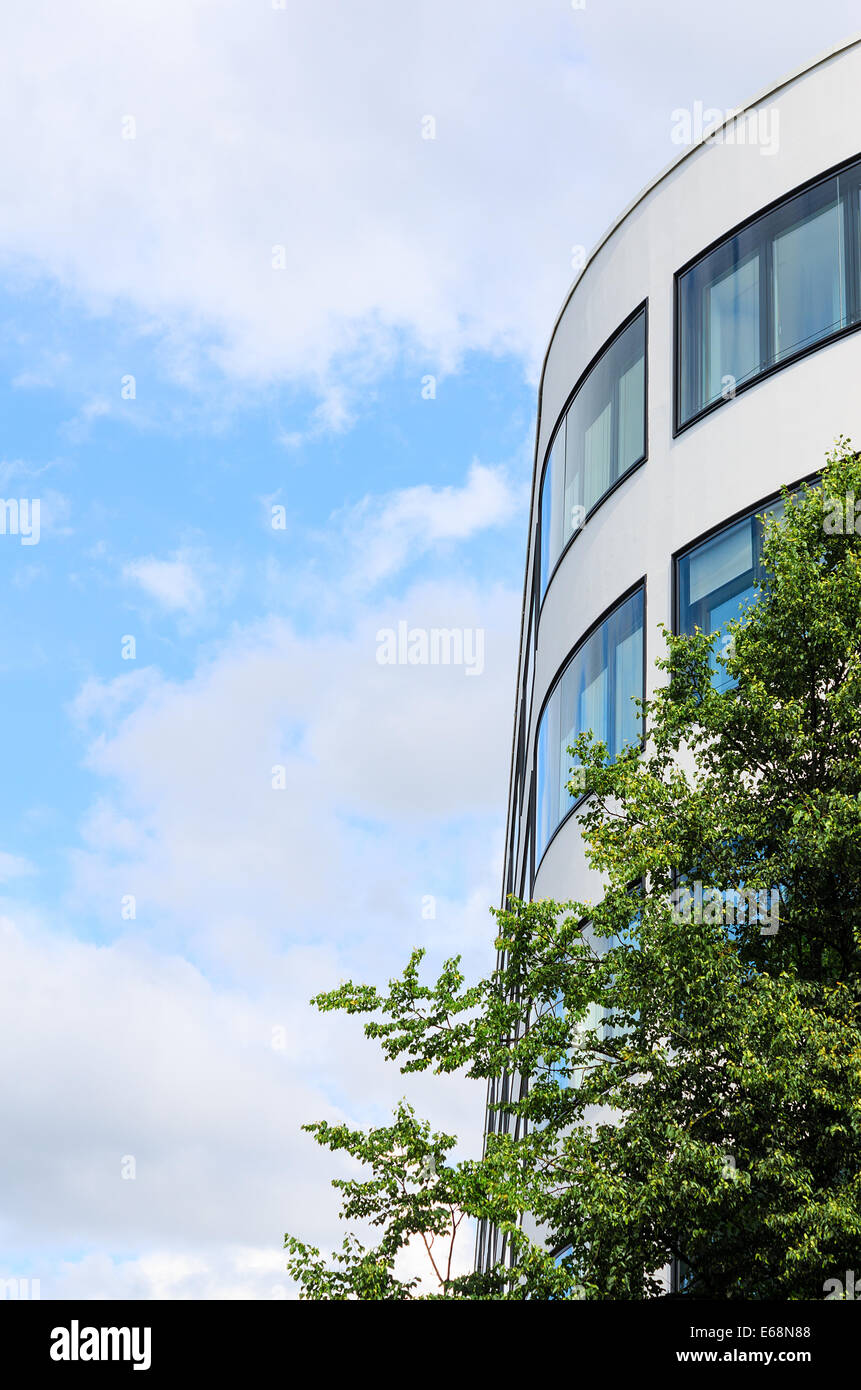 Modern office building mirrored windows and tree against blue sky as ...
