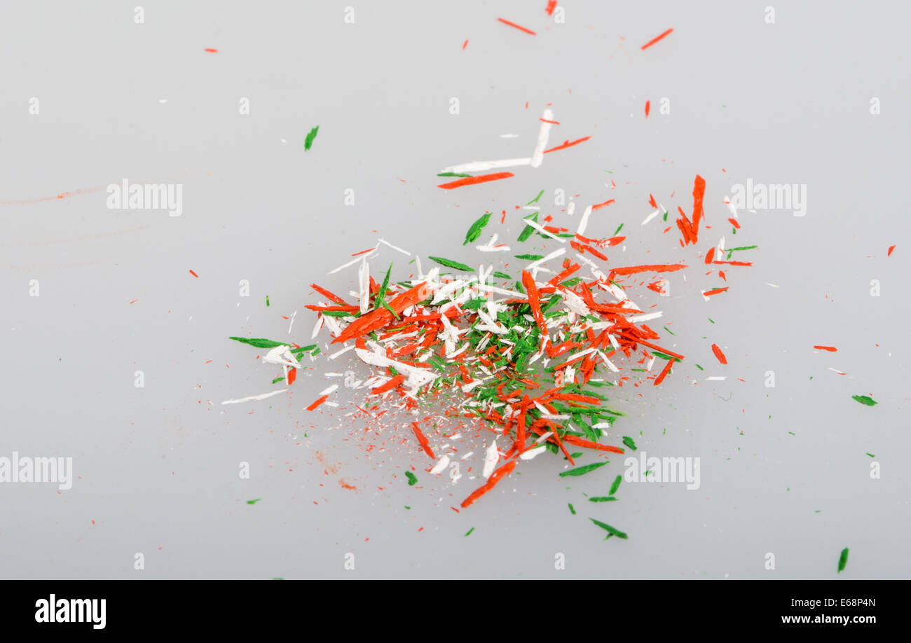 Shavings of red green and white pencils Stock Photo