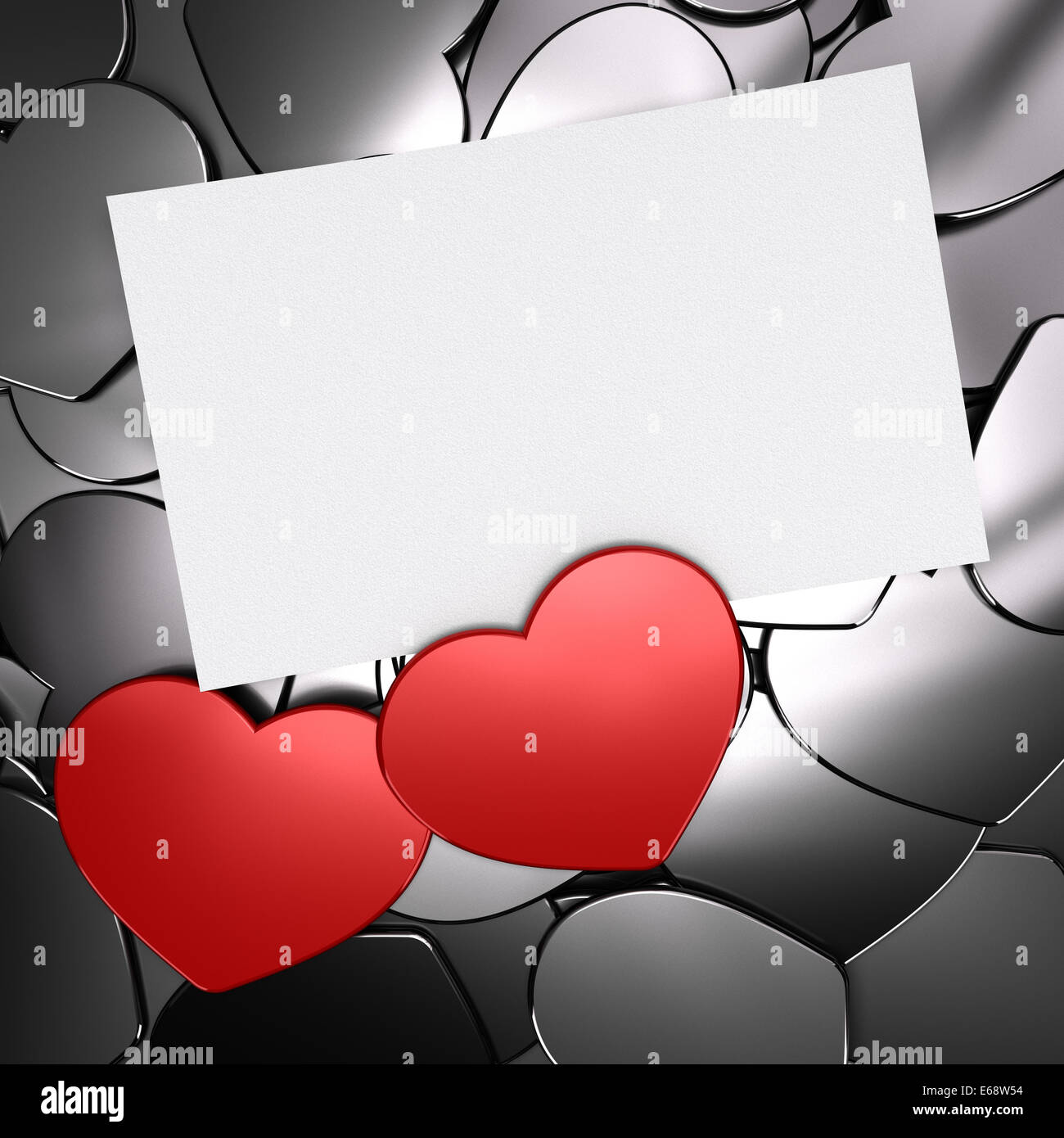 Two red Heart shapes over grey ones. Symbol of love. Passion card with blank space for message. Front view Stock Photo