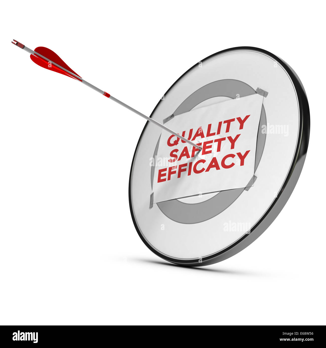 Target with one paper fixed on it one arrow hit the center, red and white tones.  Concept image of quality, saferty and efficacy Stock Photo