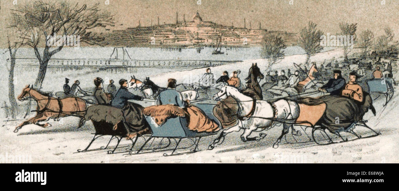 A good turnout on Brighton Road - A large group of horse drawn sleighs Stock Photo