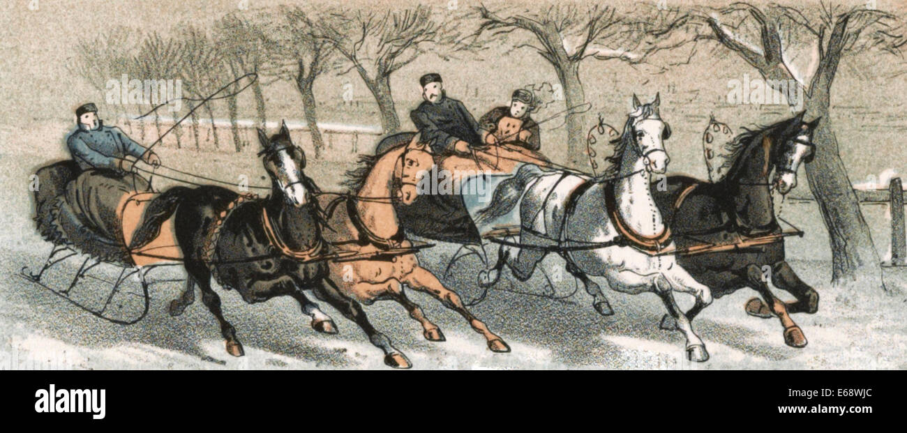 A Brush on Brighton Road - Two horse drawn sleighs tangling up on the road Stock Photo