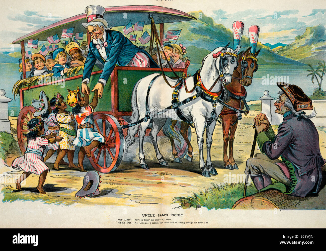 Uncle Sam's picnic - Uncle Sam helping four little girls labeled 'Philippines, Ladrones, Porto Rico, andCuba' onto a wagon filled with many other young children, including 'Hawaii'; two horses harnessed to the wagon are labeled 'Liberty' and 'Union'. An old man, wearing a hat labeled 'Monroe Doctrine', is sitting on a log nearby and asks Sam if the wagon isn't getting too full. Political Cartoon, 1898 Stock Photo