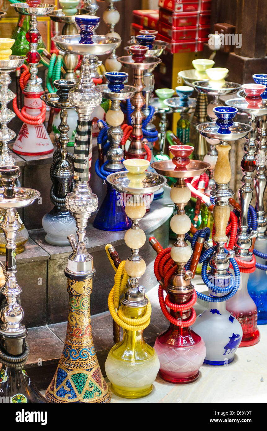 Arabic hookahs narghile shisha goza water pipe in the Souk Madinat Jumeirah market Dubai, United Arab Emirates UAE. Stock Photo
