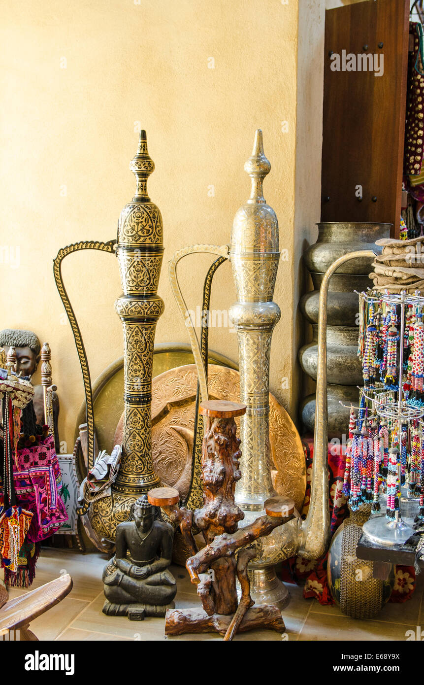 Large Arabic coffee tea urns pot ewar dallah in Souk Madinat Jumeirah market Dubai, United Arab Emirates UAE. Stock Photo