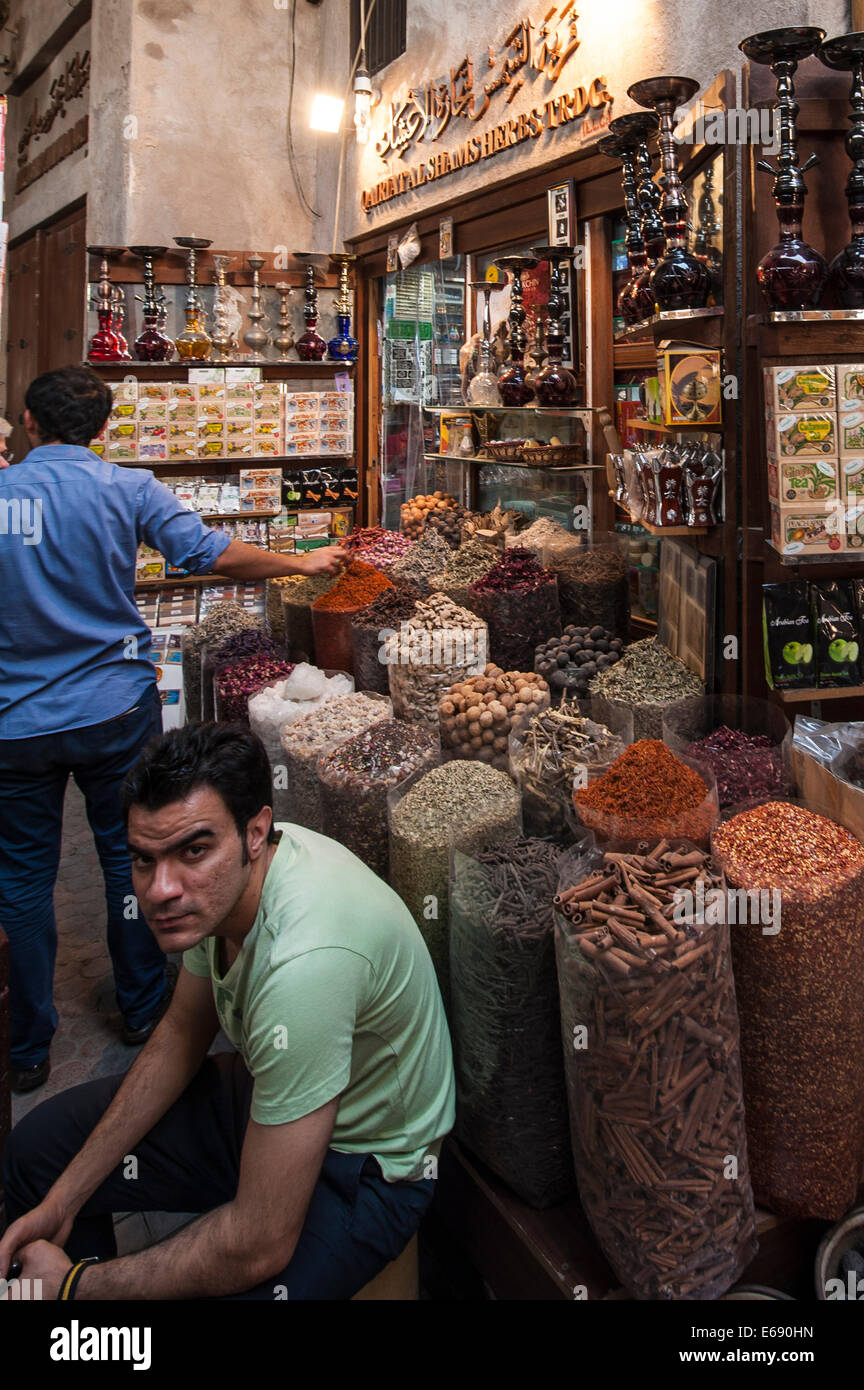 Deira spice spices merchant vendor shop souk market, Dubai, United Arab Emirates UAE. Stock Photo