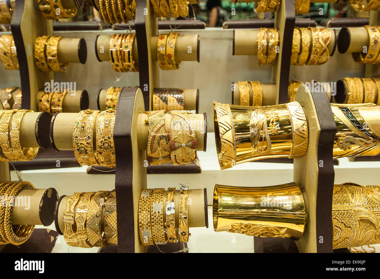 Gold jewelry bracelets in the Deira Gold Souk Market Dubai, United 