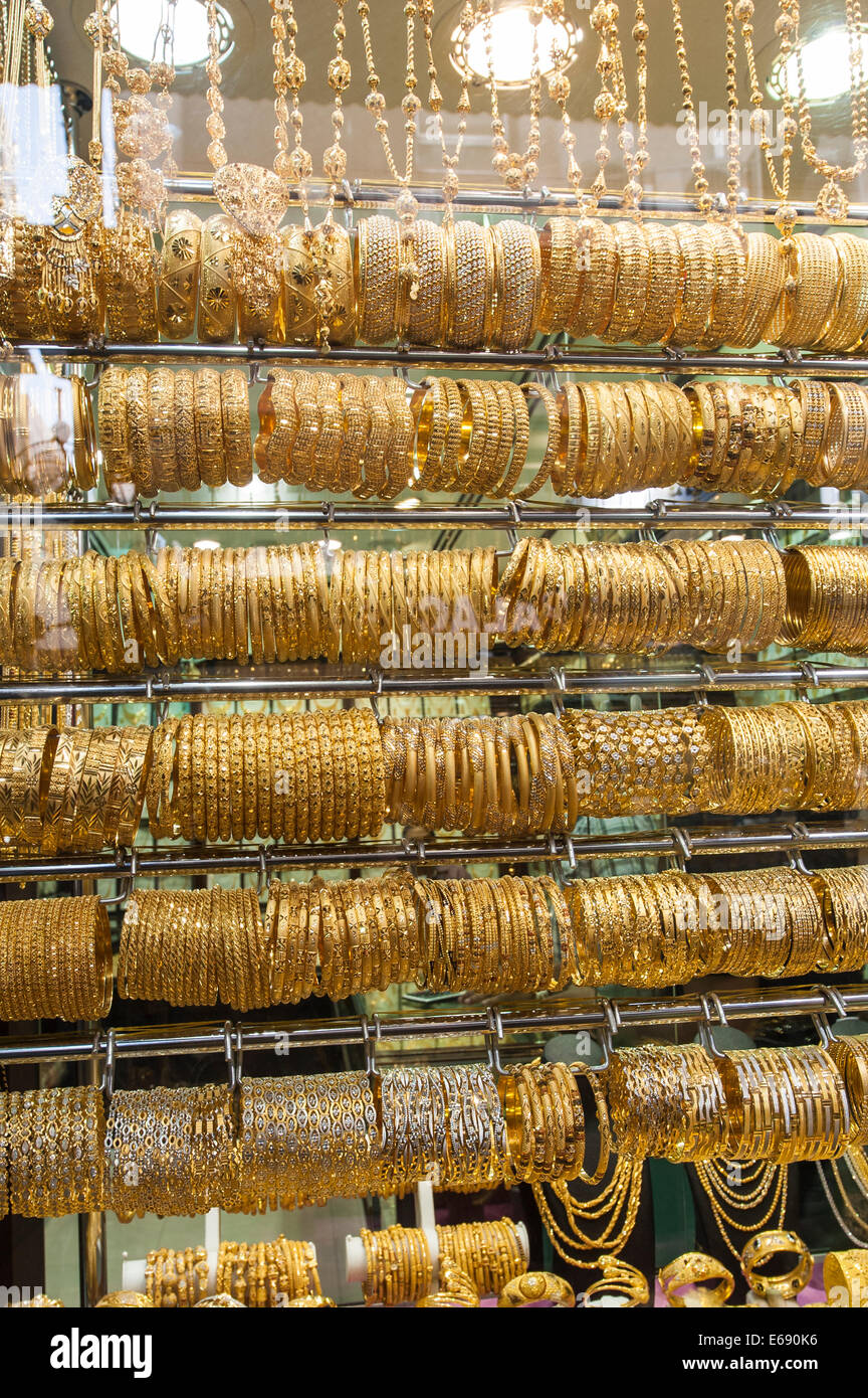 Gold jewelry in the Deira Gold Souk Market Dubai, United Arab Emirates