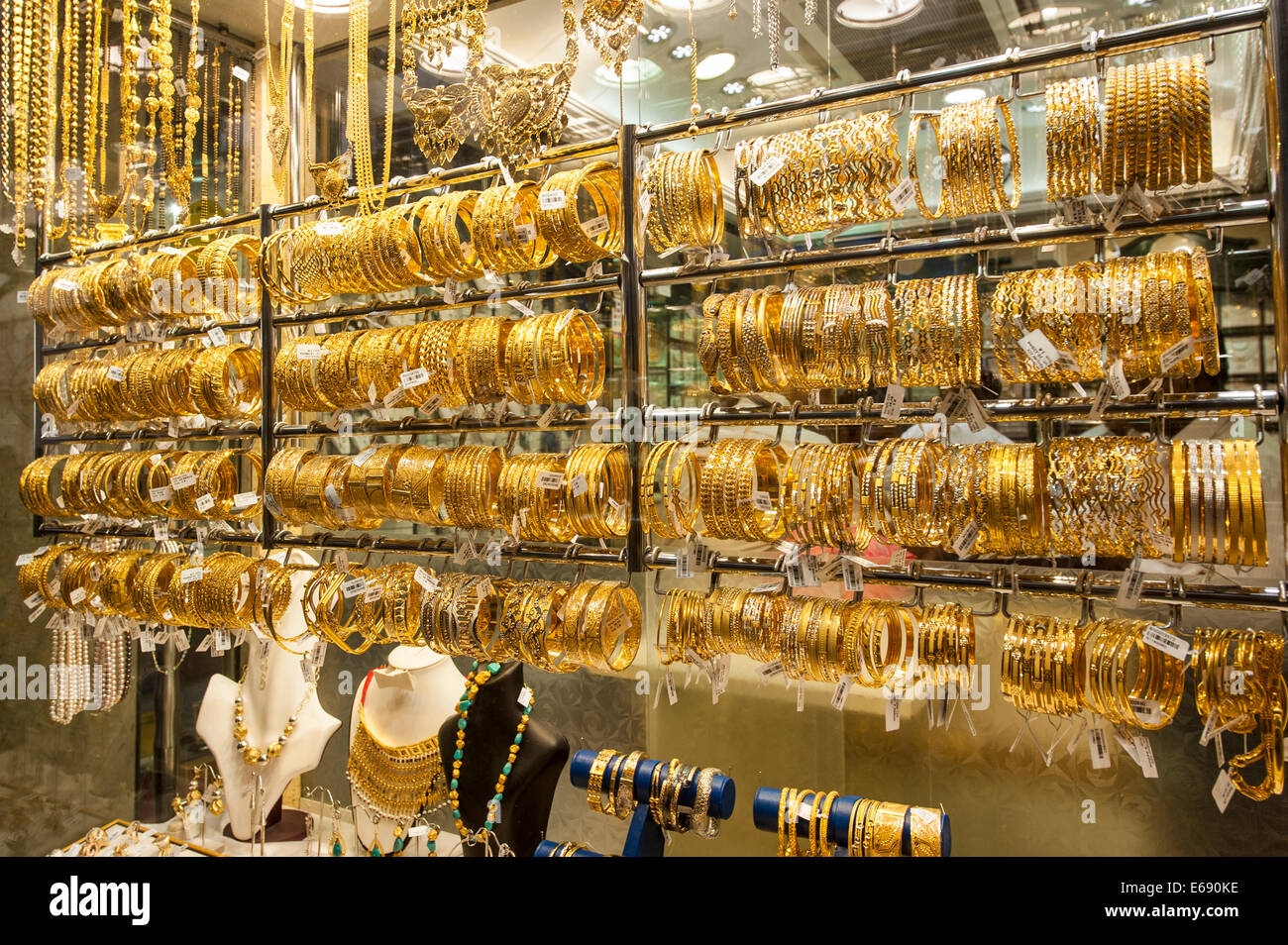 Gold jewelry in the Deira Gold Souk Market Dubai, United Arab Emirates ...