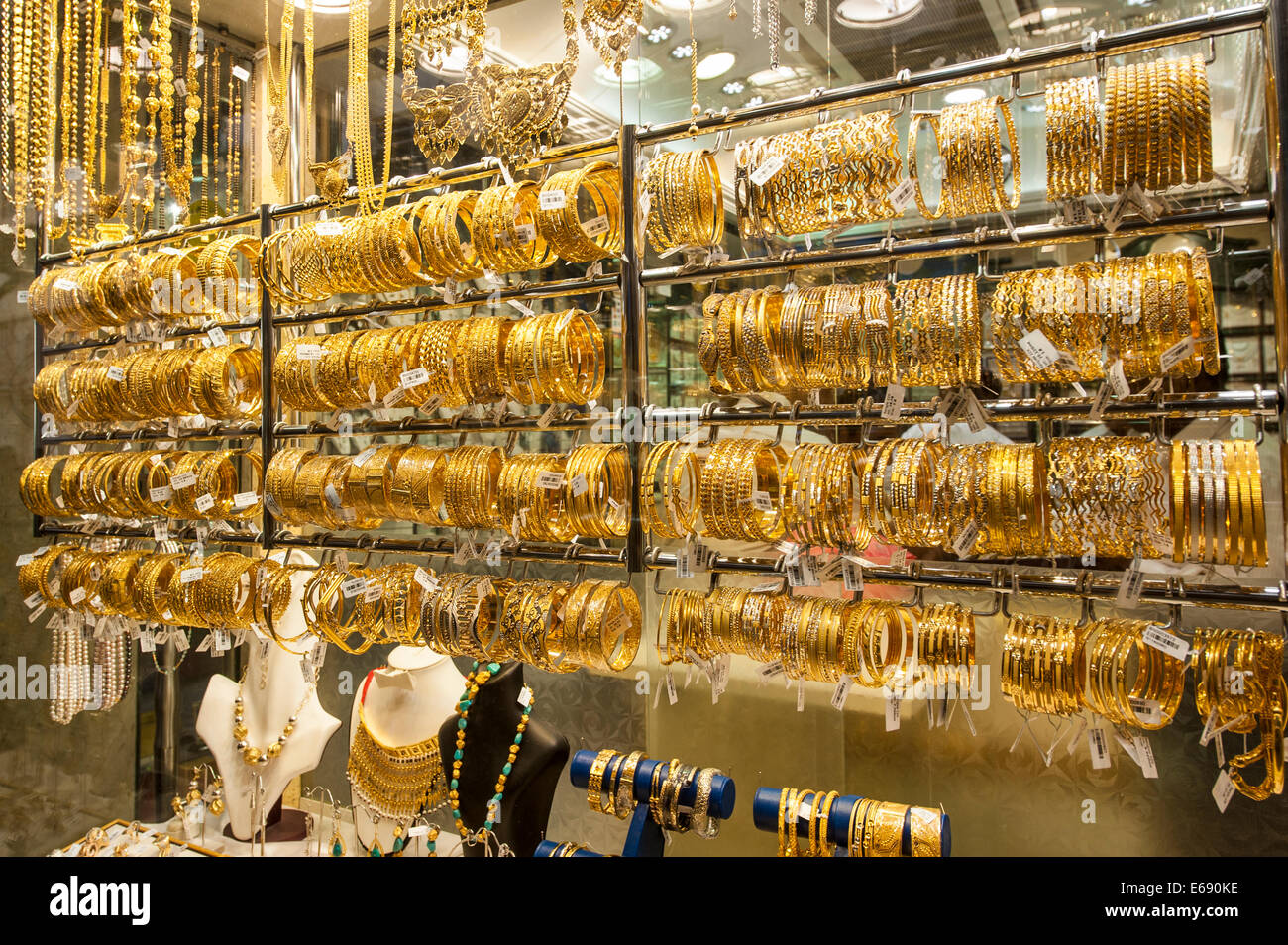 Gold jewelry in the Deira Gold Souk Market Dubai, United Arab Emirates 