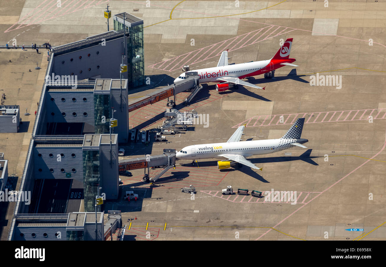 Aerial, aircrafts, Düsseldorf airport, Düsseldorf, Rhineland, North Rhine-Westphalia, Germany Stock Photo