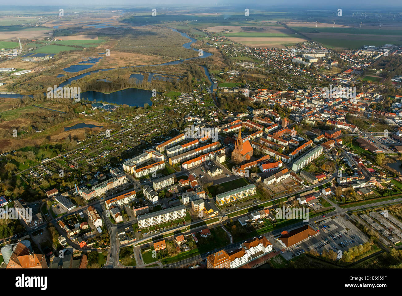 Aerial view, Hanseatic City of Demmin with St. Bartoholomaei Church, Demmin, Müritz lake district Stock Photo