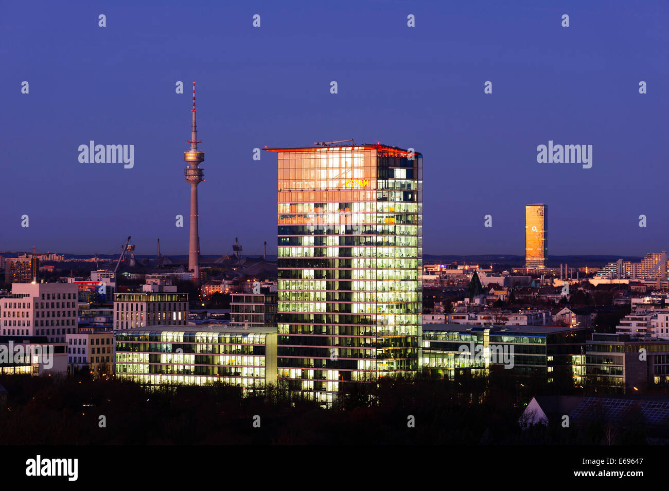 Skyline with the Olympic Tower, the Skyline Tower and the Munich Uptown Building, O2 Building, Munich, Upper Bavaria, Bavaria Stock Photo