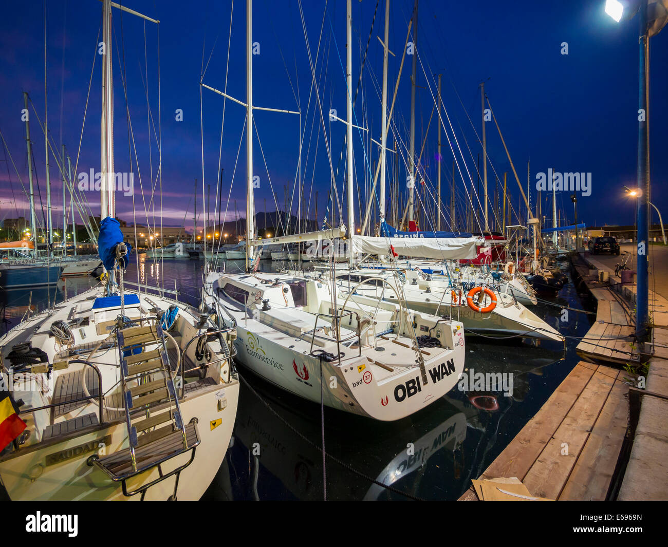 Fishing harbor with sailboats, Piazza Fonderia, Palermo, Sicily, Italy Stock Photo