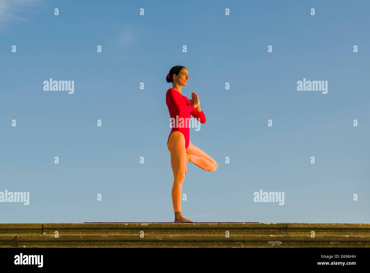 Young woman practising Hatha yoga, outdoors, showing the pose Vrikshasana, Tree Stock Photo