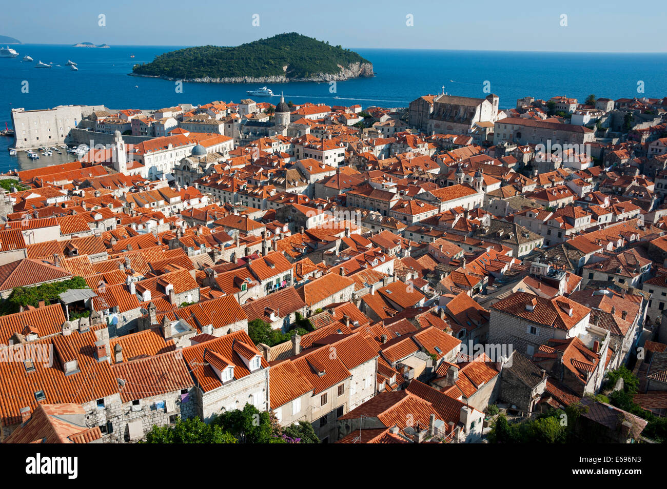View from the city wall over the historic town centre towards the island of Lokrum, Dubrovnik, Dalmatia, Croatia Stock Photo