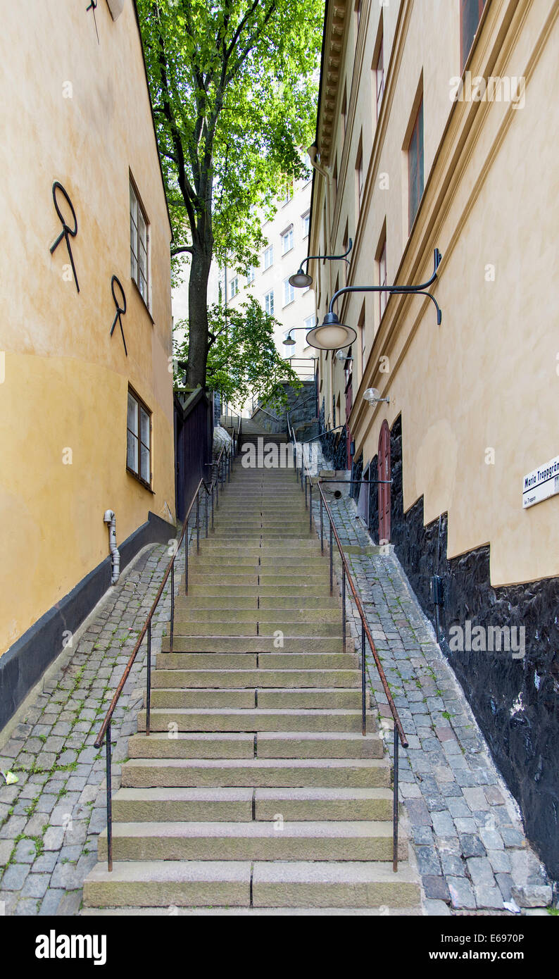 Street of stairs in Mariaberget, Södermalm, Stockholm, Stockholm County or Stockholms län, Sweden Stock Photo