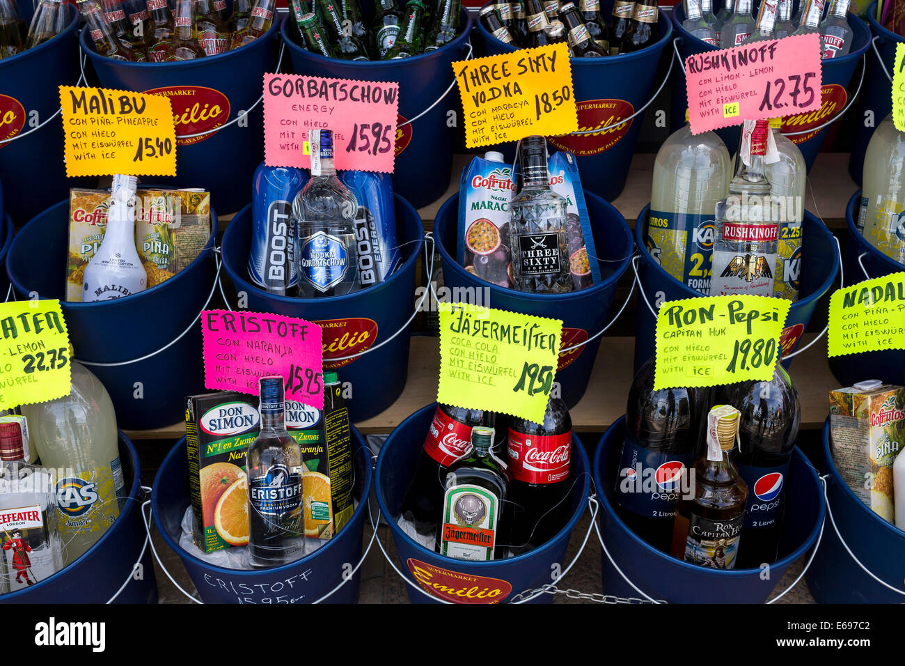 Alcohol for sale at Ballermann, Playa de Palma, Majorca, Balearic Islands, Spain Stock Photo