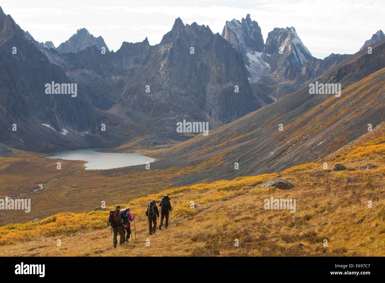 People hiking in arctic or subalpine tundra, Grizzly Lake and Mount Monolith behind, Indian summer, Tombstone Mountains Stock Photo