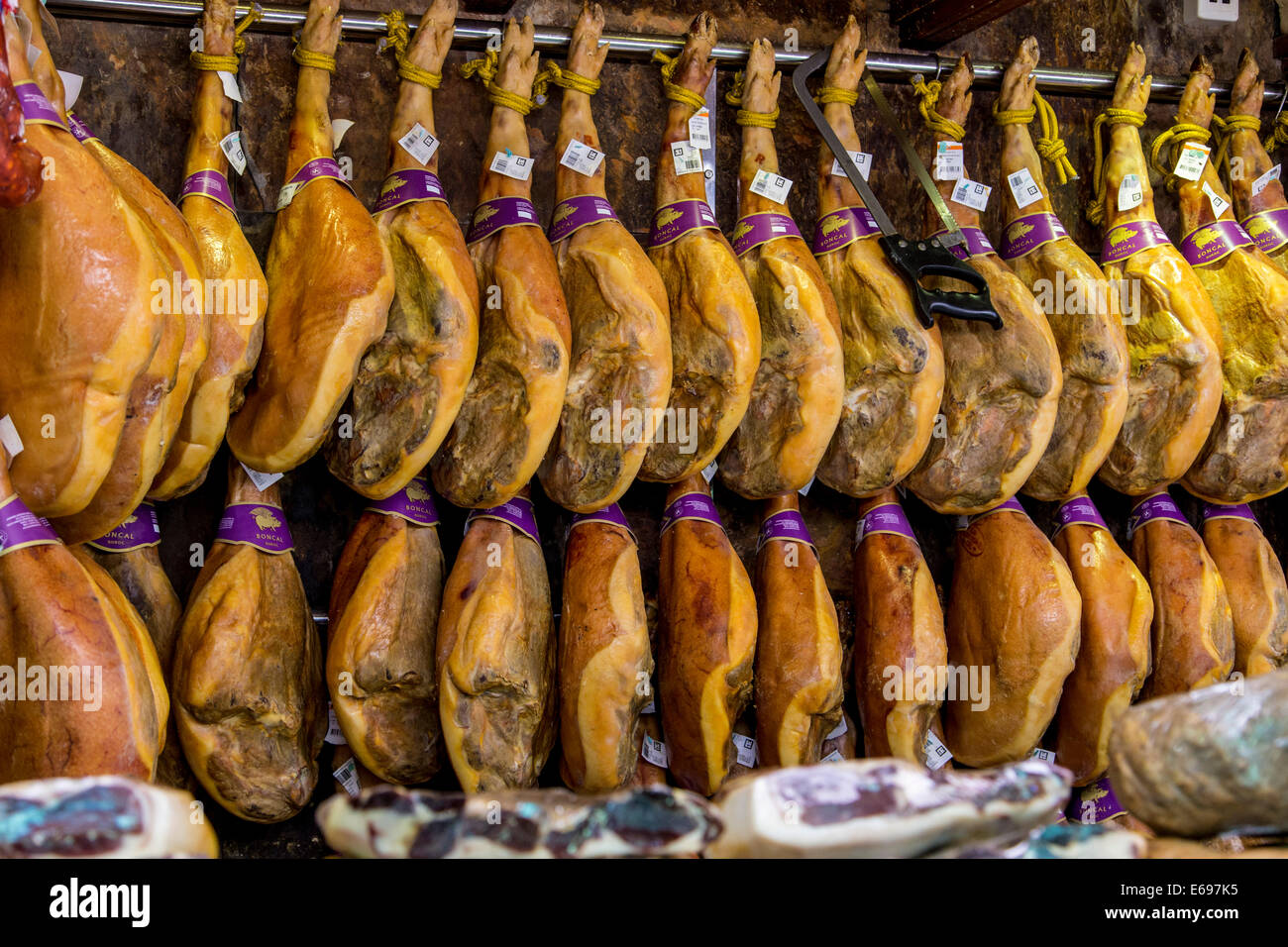 Spanish Serrano ham on the market, Valencia, Province of Valencia, Spain Stock Photo