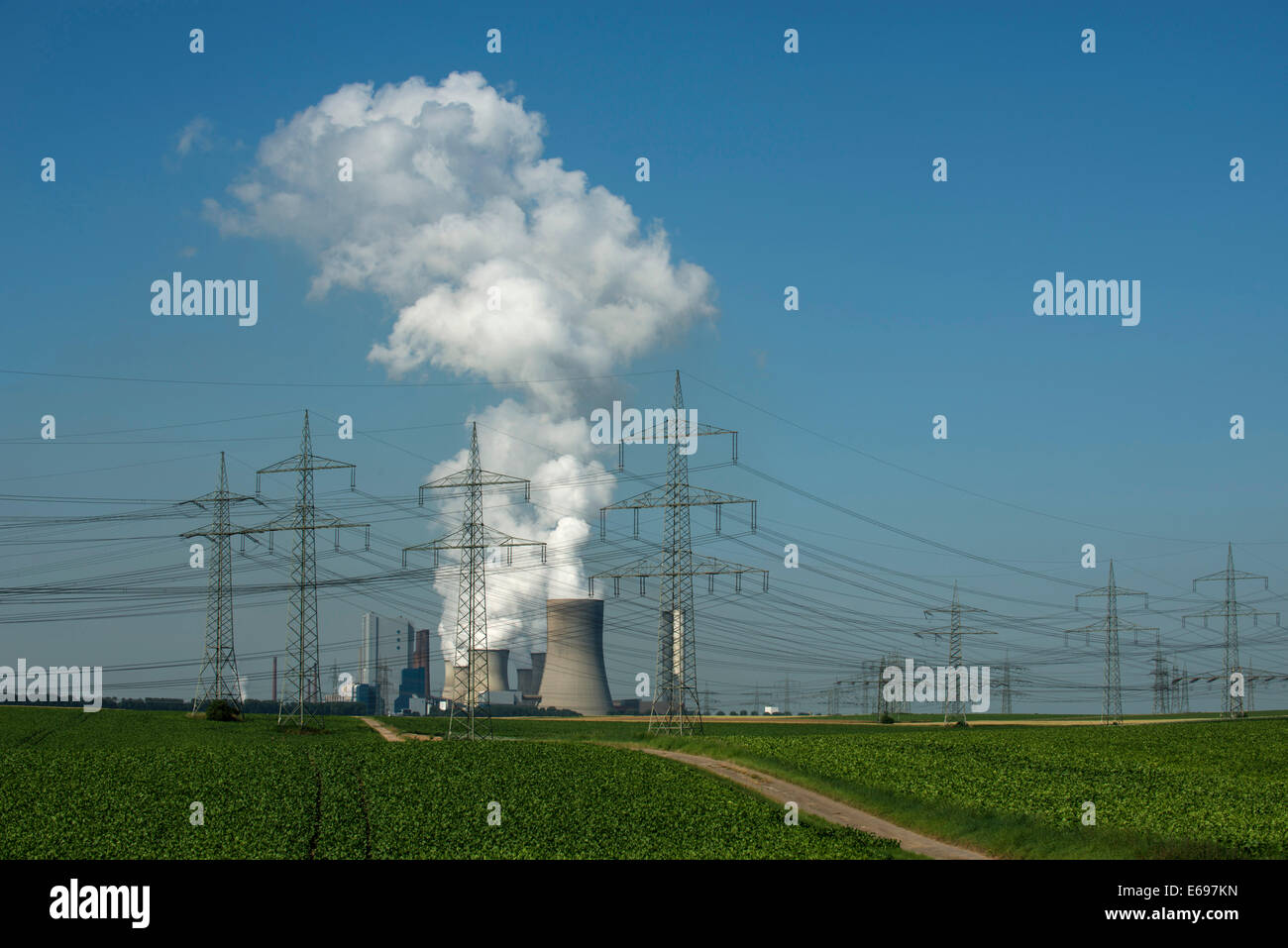 Lignite-fired power station, with arable land at the front, power lines cutting through the landscape, Bergheim-Niederaußem Stock Photo