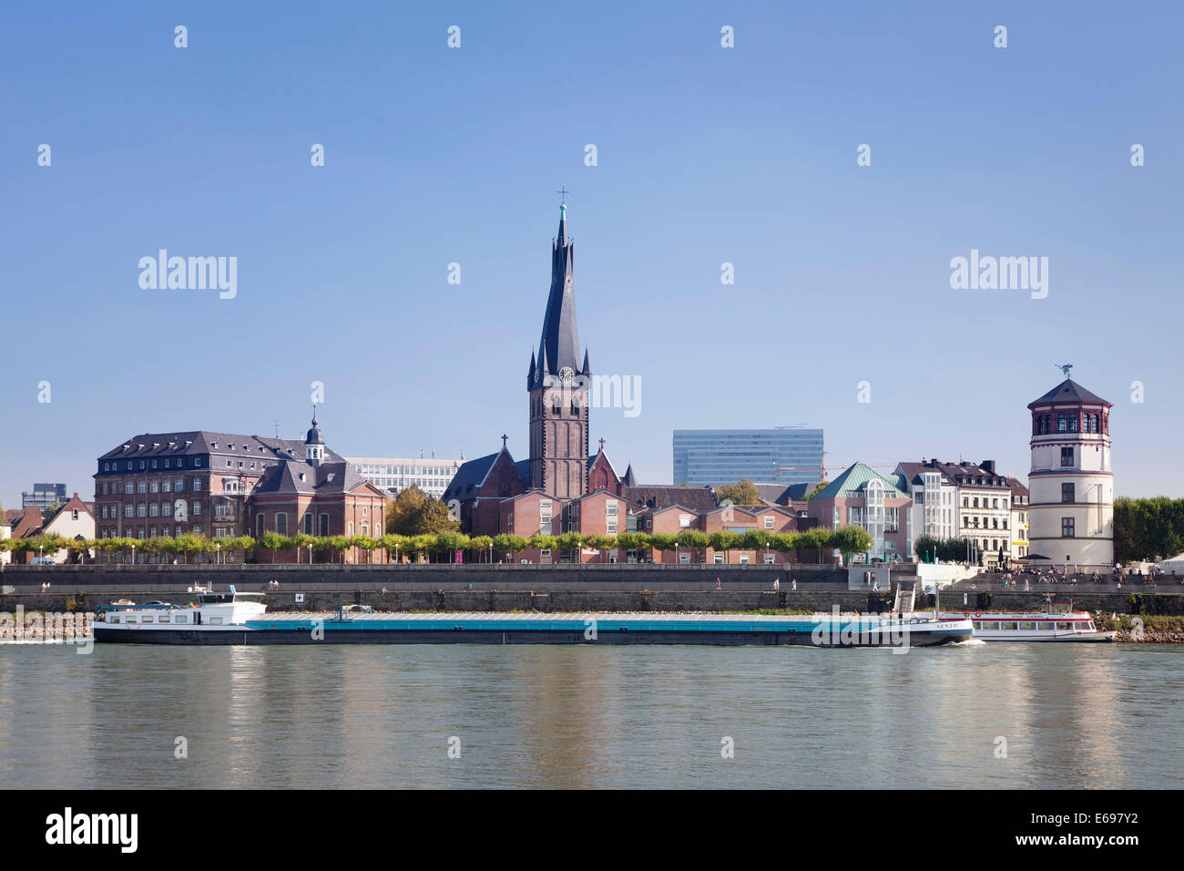 Düsseldorf's historic town centre with St. Lambertus Church and Schlossturm tower on the Rhine promenade, Düsseldorf Stock Photo