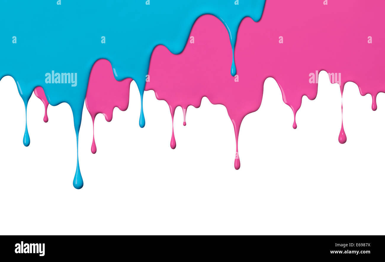 cyan and pink paint drips as background Stock Photo
