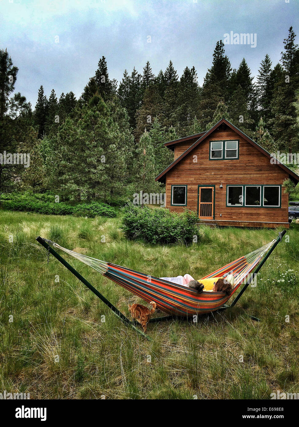 Children relaxing in hammock in rural landscape - Smartphone Captured Stock Image